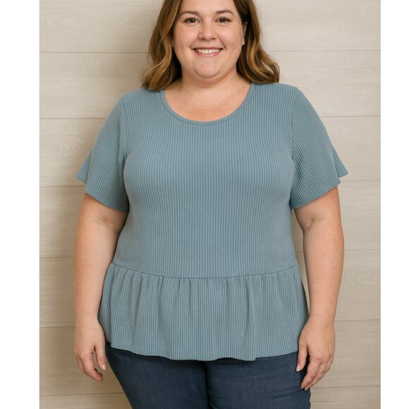 Arula Blue Ribbed Peplum Top Size 1X 14/16 Short Sleeve Stretch Knit Blouse - Picture 1 of 7